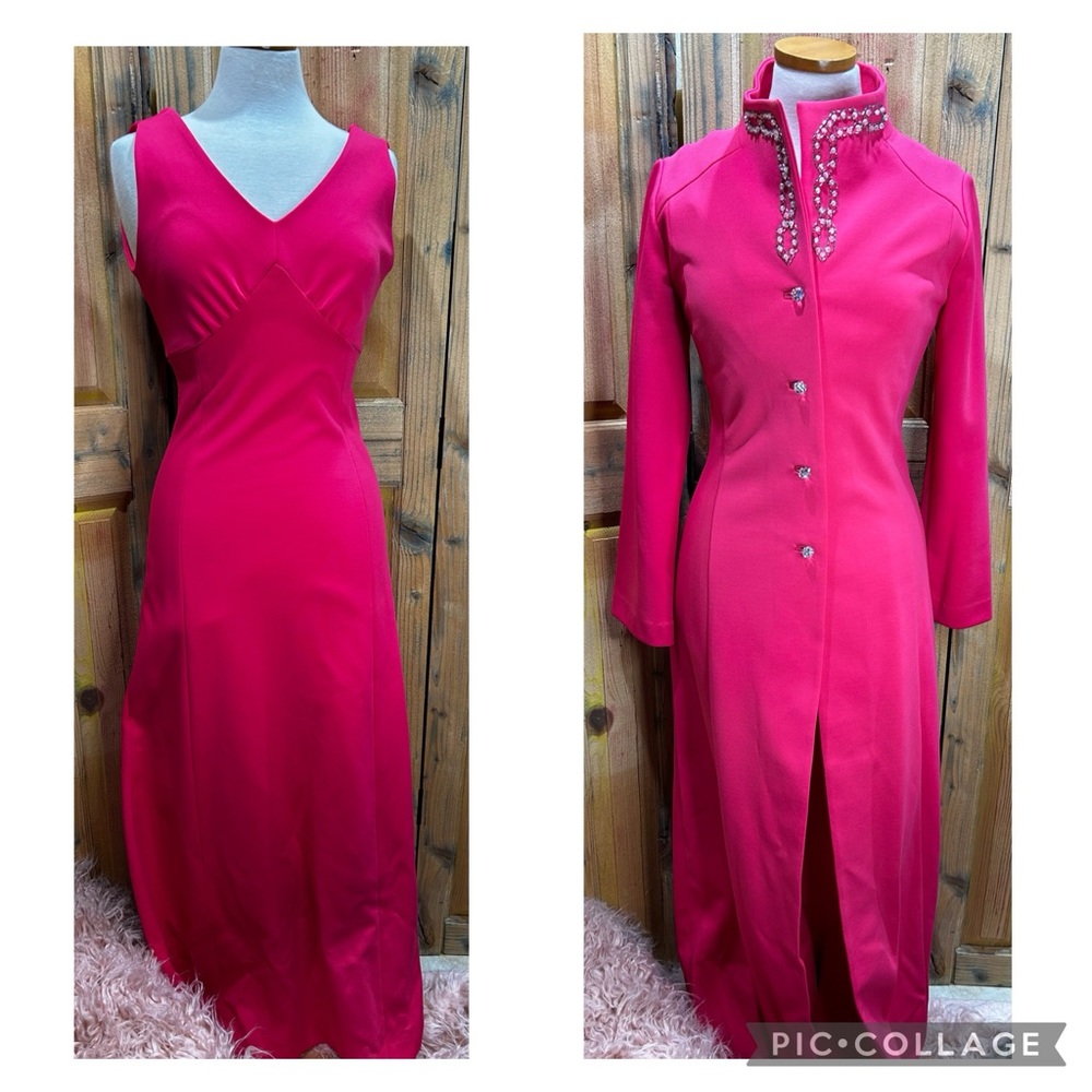 NARDIS Dallas Hot Pink 70s XS 2 Piece Dress Overcoat Glass Faceted Ball Buttons